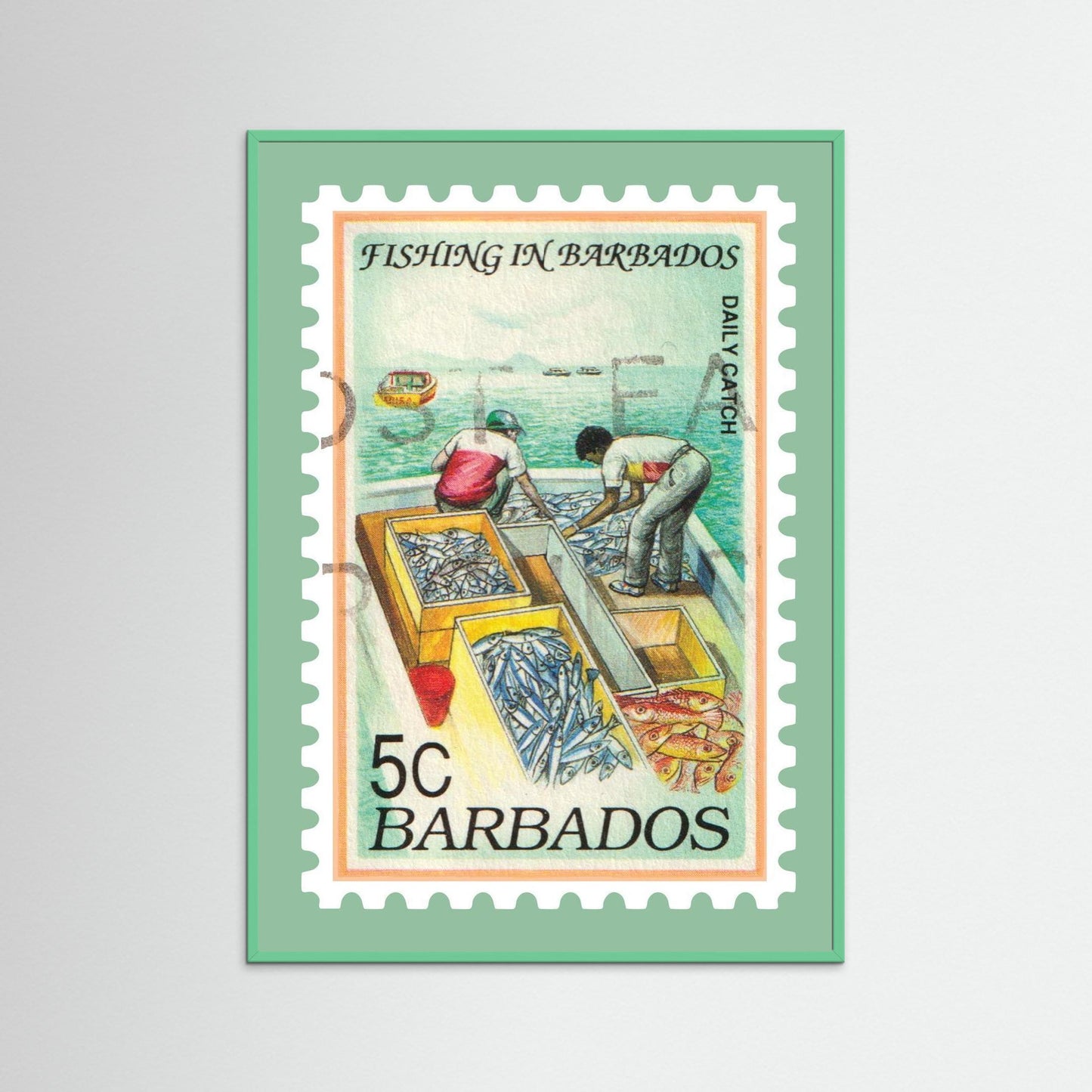 Vintage Barbados Fishing Stamp Print, Framed Wall Art