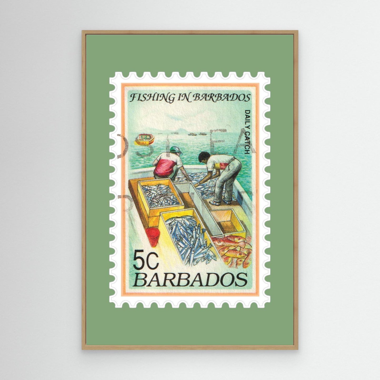 Vintage Barbados 1991 Fishing Stamp Canvas Print – Framed Wall Art