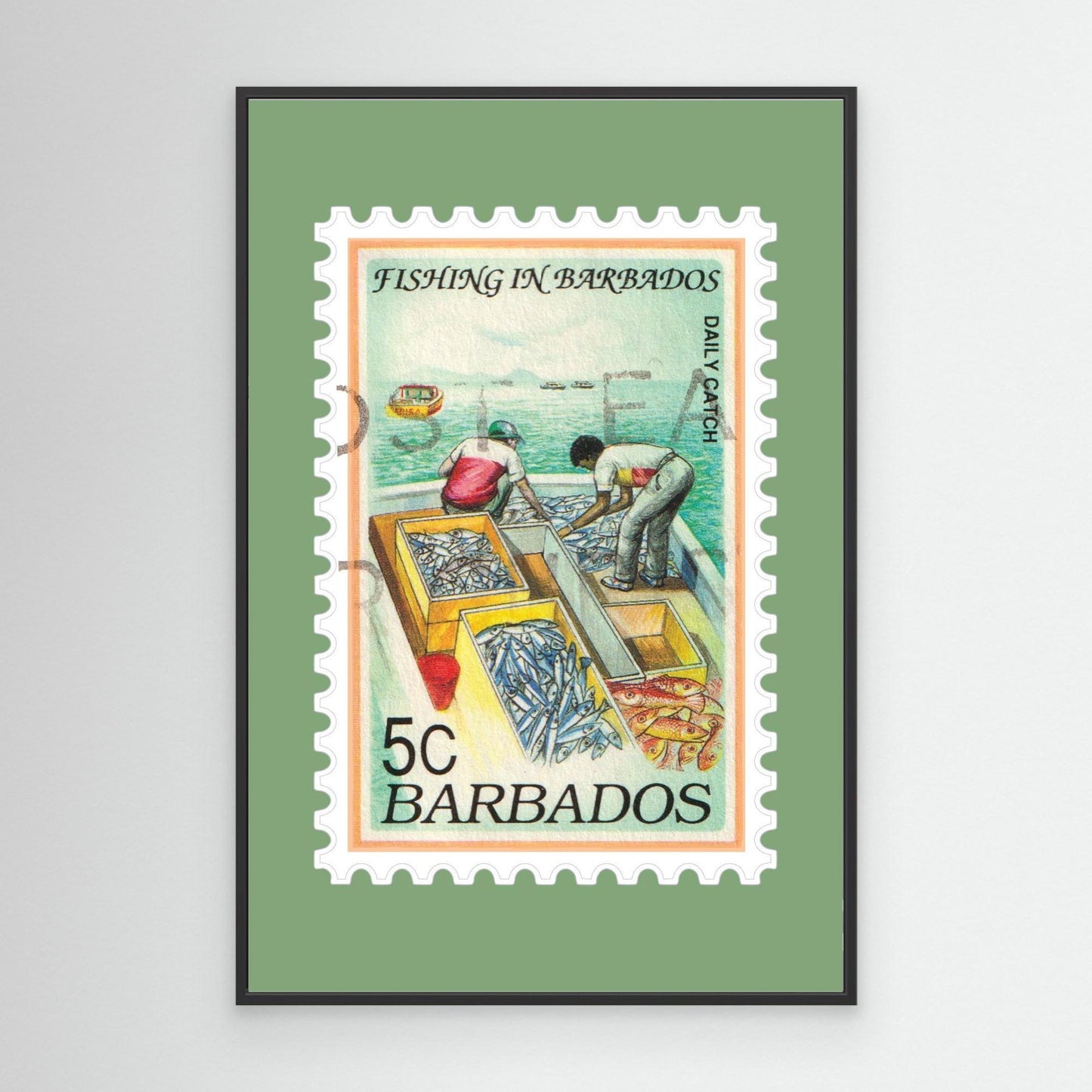 Vintage Barbados 1991 Fishing Stamp Canvas Print – Framed Wall Art