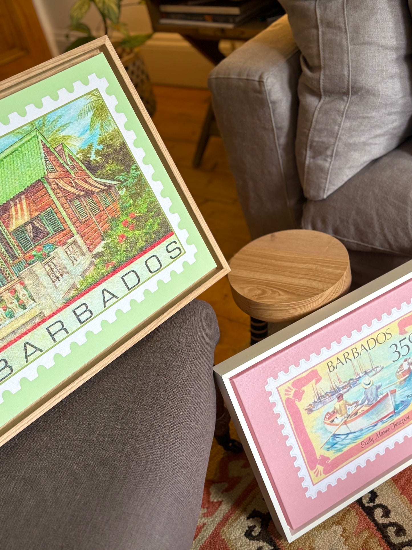 Pink Barbados Row Boat Vintage Stamp - Framed Canvas Print