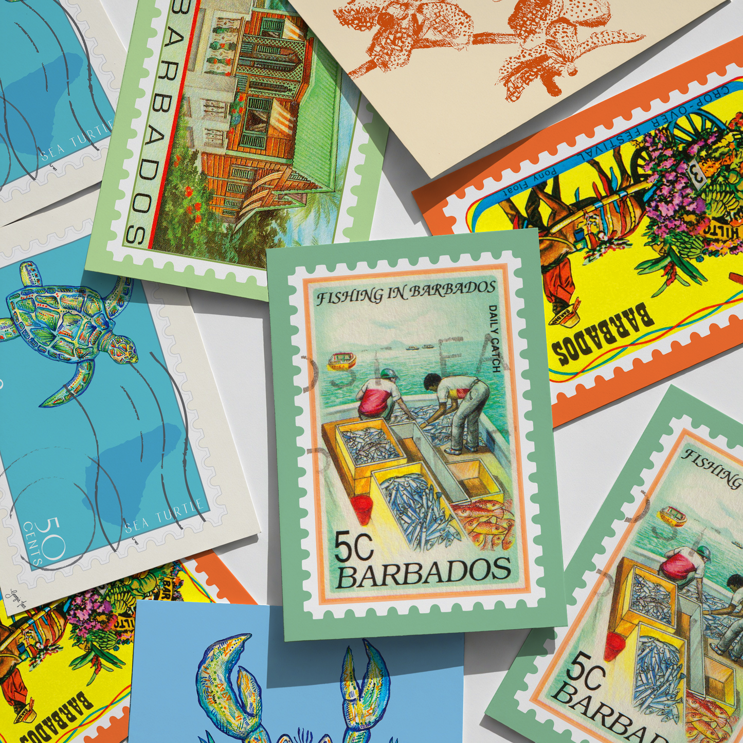 Vintage Barbados Fishing Stamp Print, Framed Wall Art