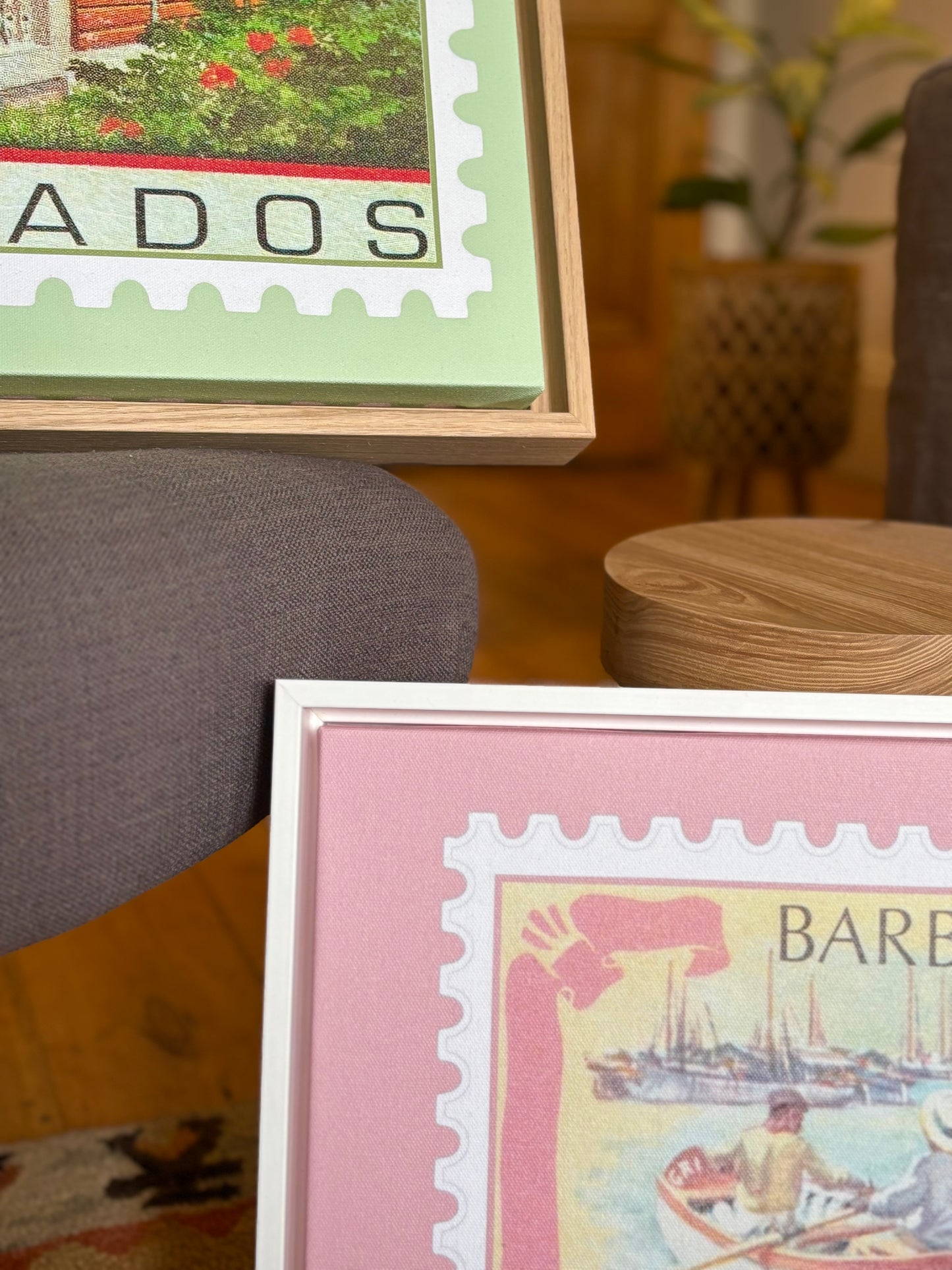 Pink Barbados Row Boat Vintage Stamp - Framed Canvas Print