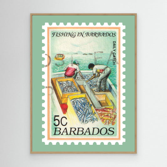 Vintage Barbados Fishing Stamp Print – Framed Wall Art