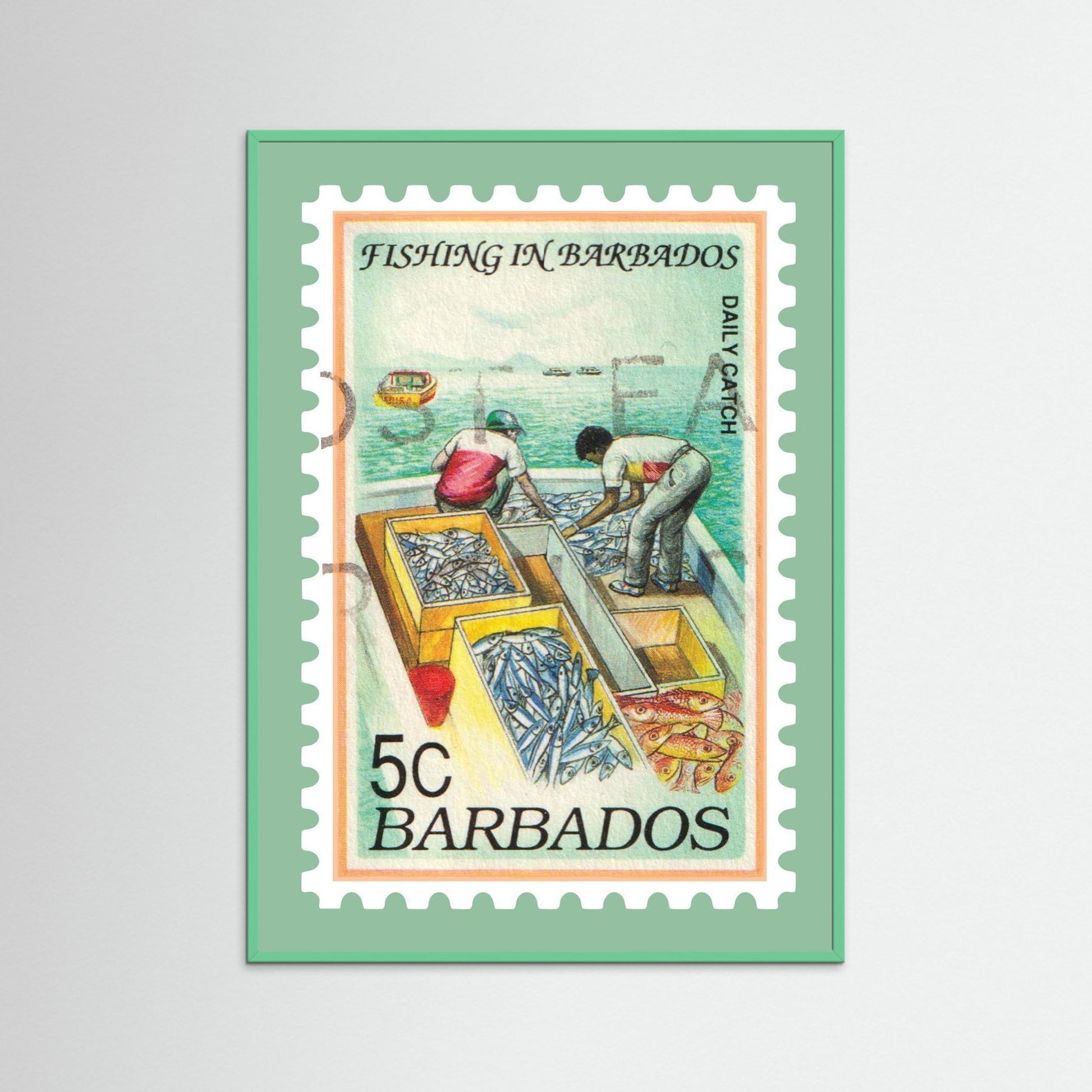 Vintage Barbados Fishing Stamp Print, Framed Wall Art