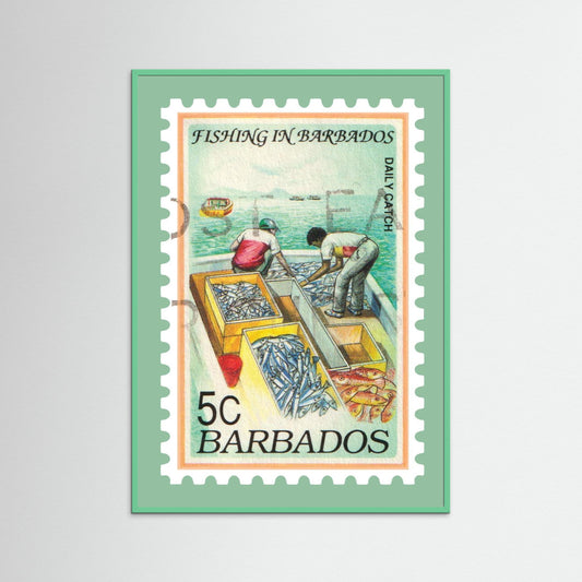 Vintage Barbados Fishing Stamp Print, Framed Wall Art