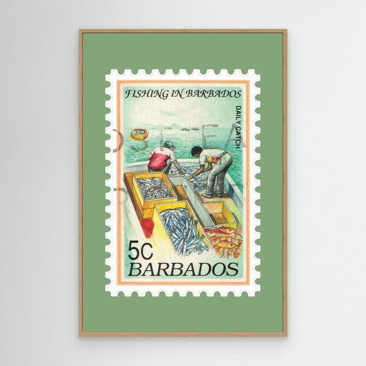 Vintage Barbados 1991 Fishing Stamp Canvas Print – Framed Wall Art