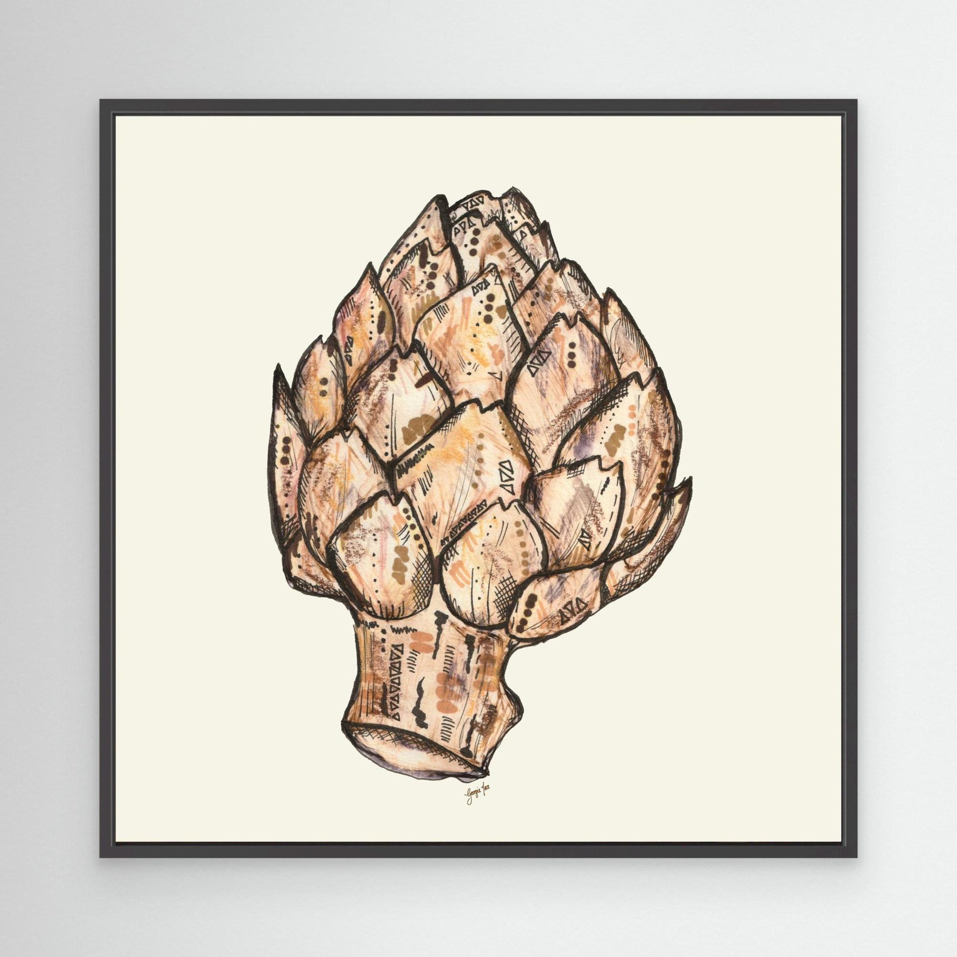 Artichoke Ink & Bleach Illustration - Framed Canvas Print