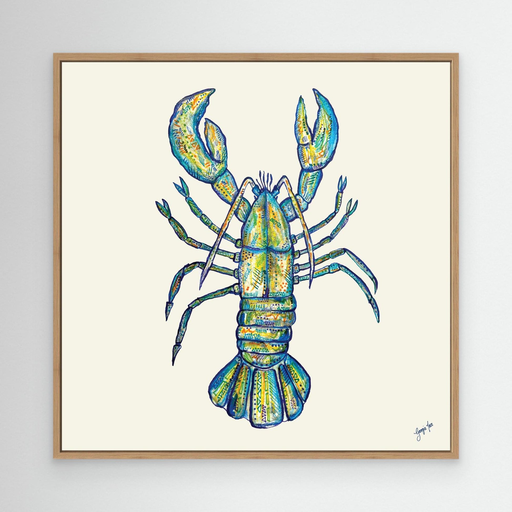 Blue Lobster Illustration - Framed Canvas Print