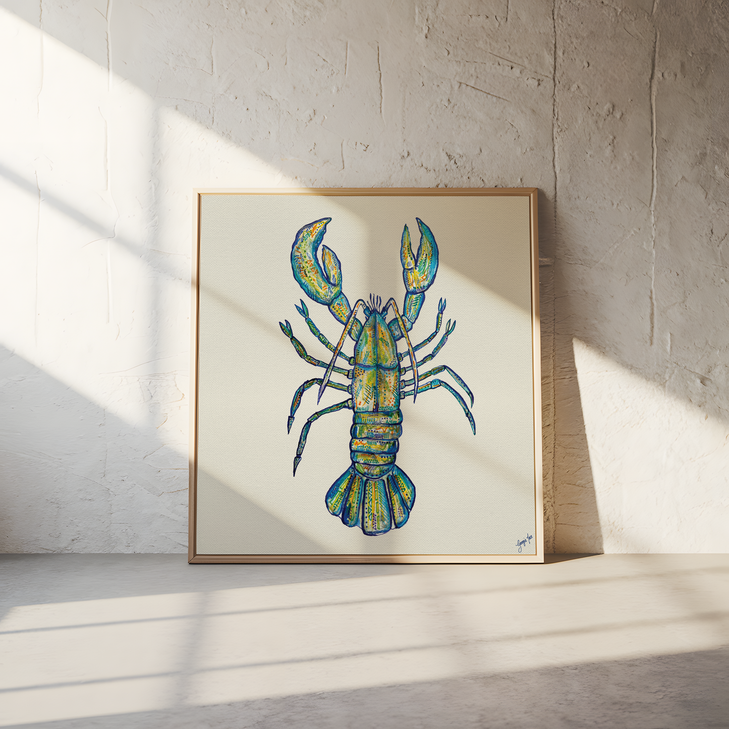 Blue Lobster Illustration - Framed  Giclée Canvas Print
