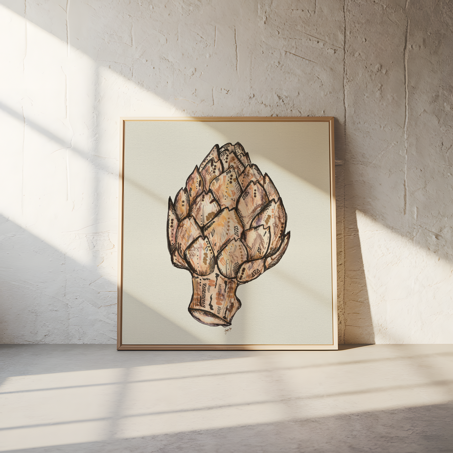 Artichoke Ink & Bleach Illustration - Framed Giclée Canvas Print