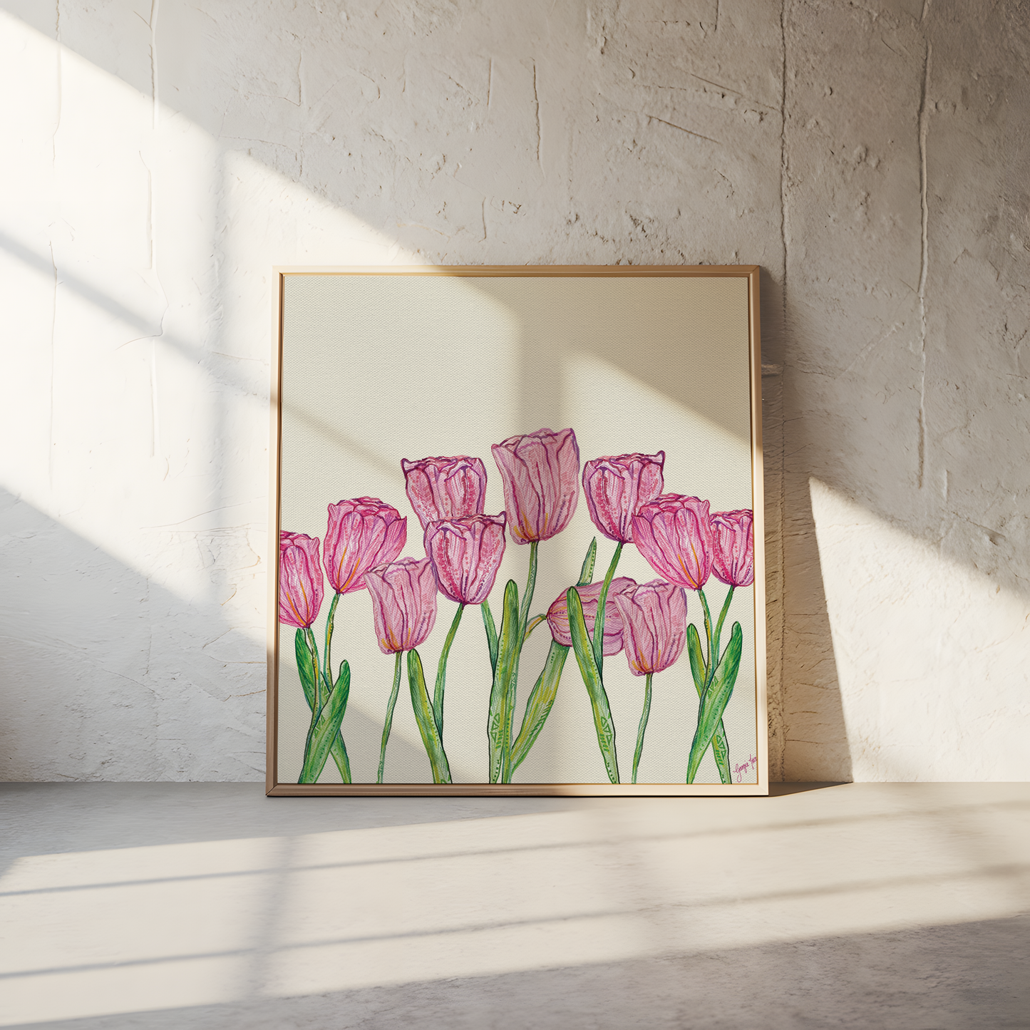 Pink Tulips Canvas Art - Square frame