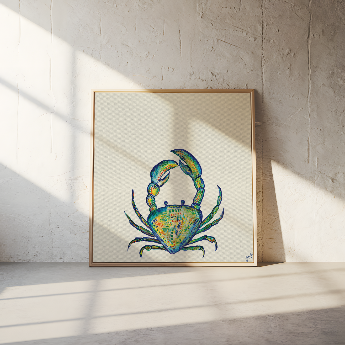 Mixed Media Blue Crab - Framed Canvas Print
