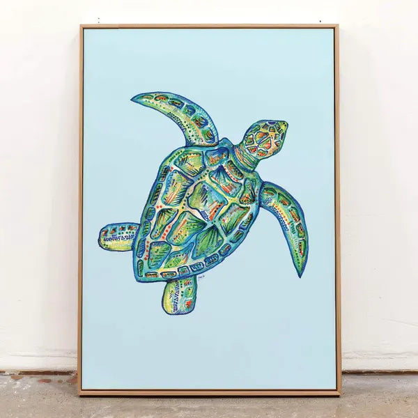 Ocean Blue Turtle Mixed Media Decor for Coastal Beach House