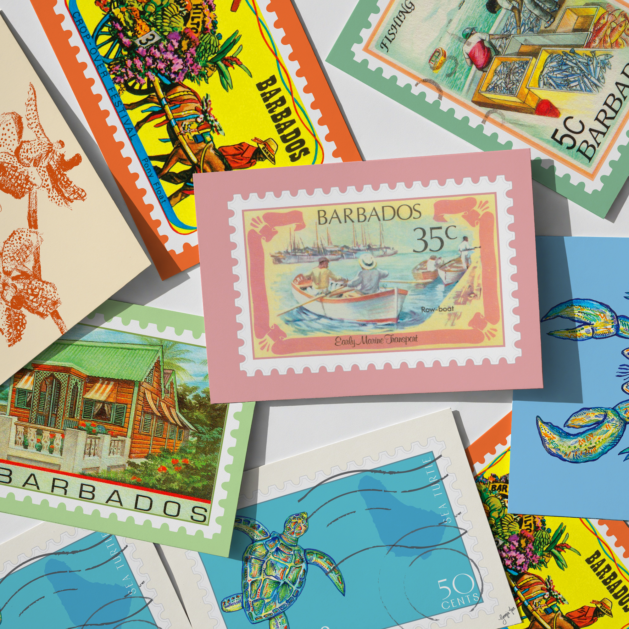 Collection of Barbados postage stamps with various designs.