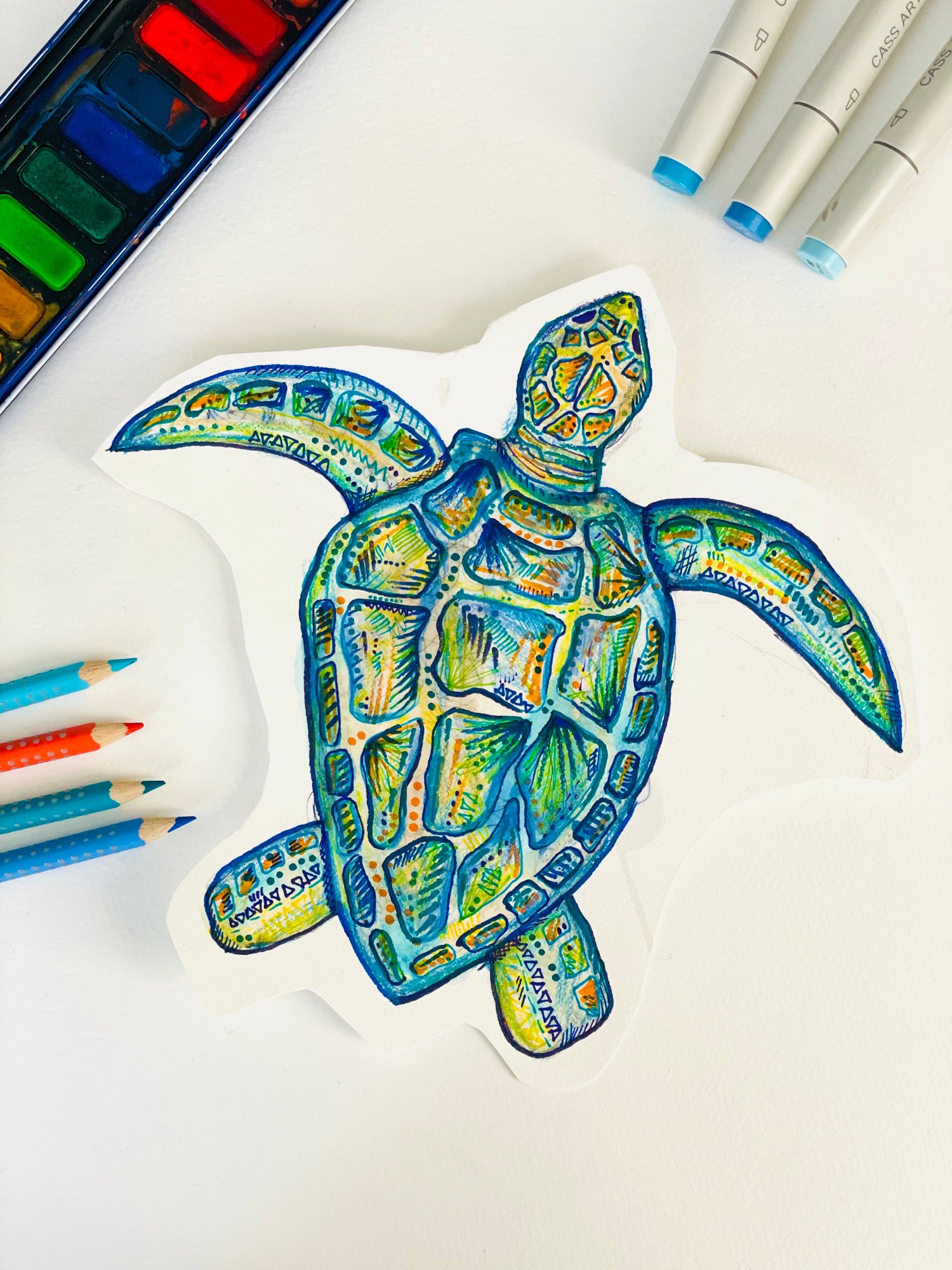 Blue ink and bleach turtle drawing