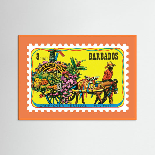 Vintage Crop Over Donkey Cart Stamp Print – Framed Barbados Festival Art, Caribbean Heritage Wall Decor