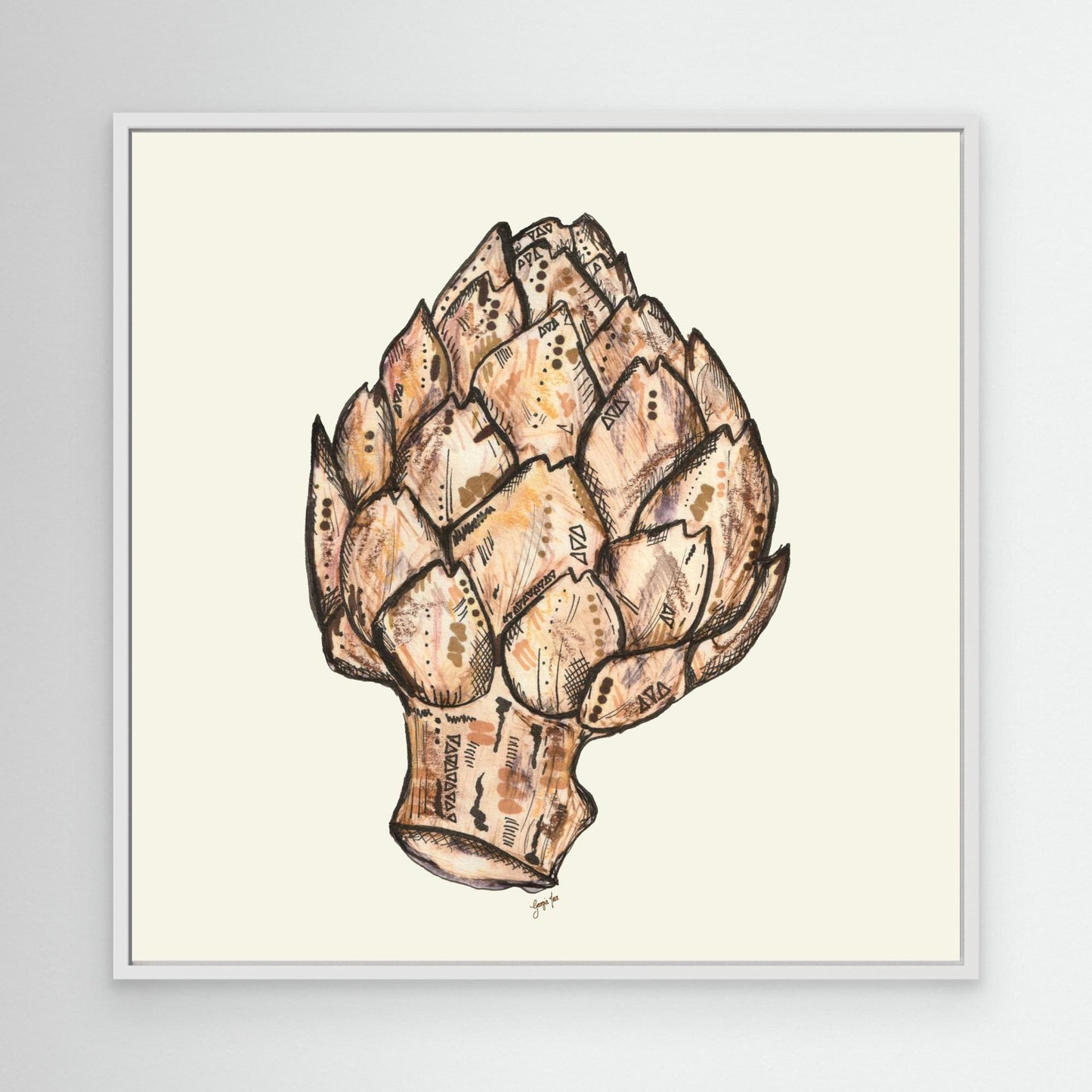 Artichoke Ink & Bleach Illustration - Framed Canvas Print