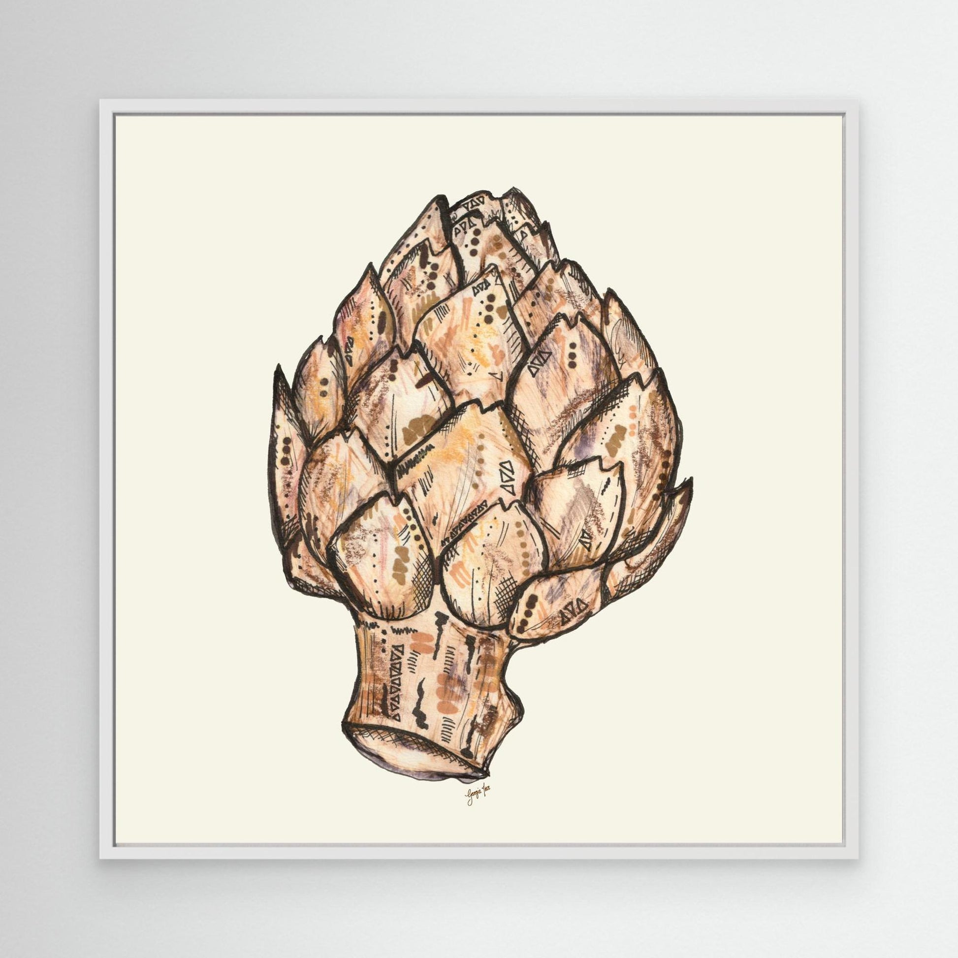Artichoke Ink & Bleach Illustration - Framed Canvas Print