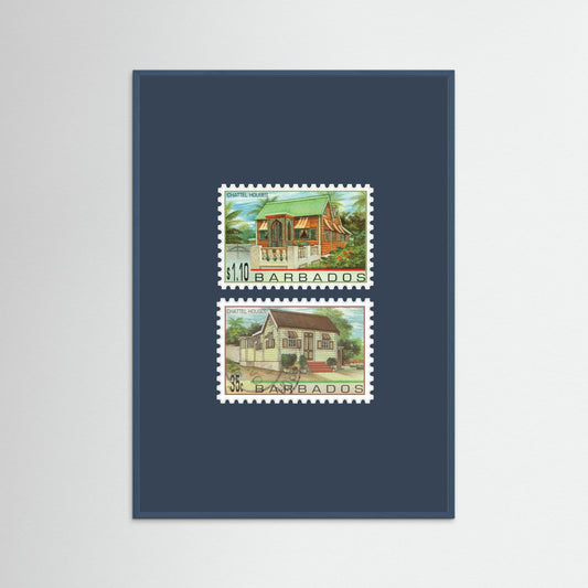 Two 1996 Barbados Chattel House Stamps - Framed Print