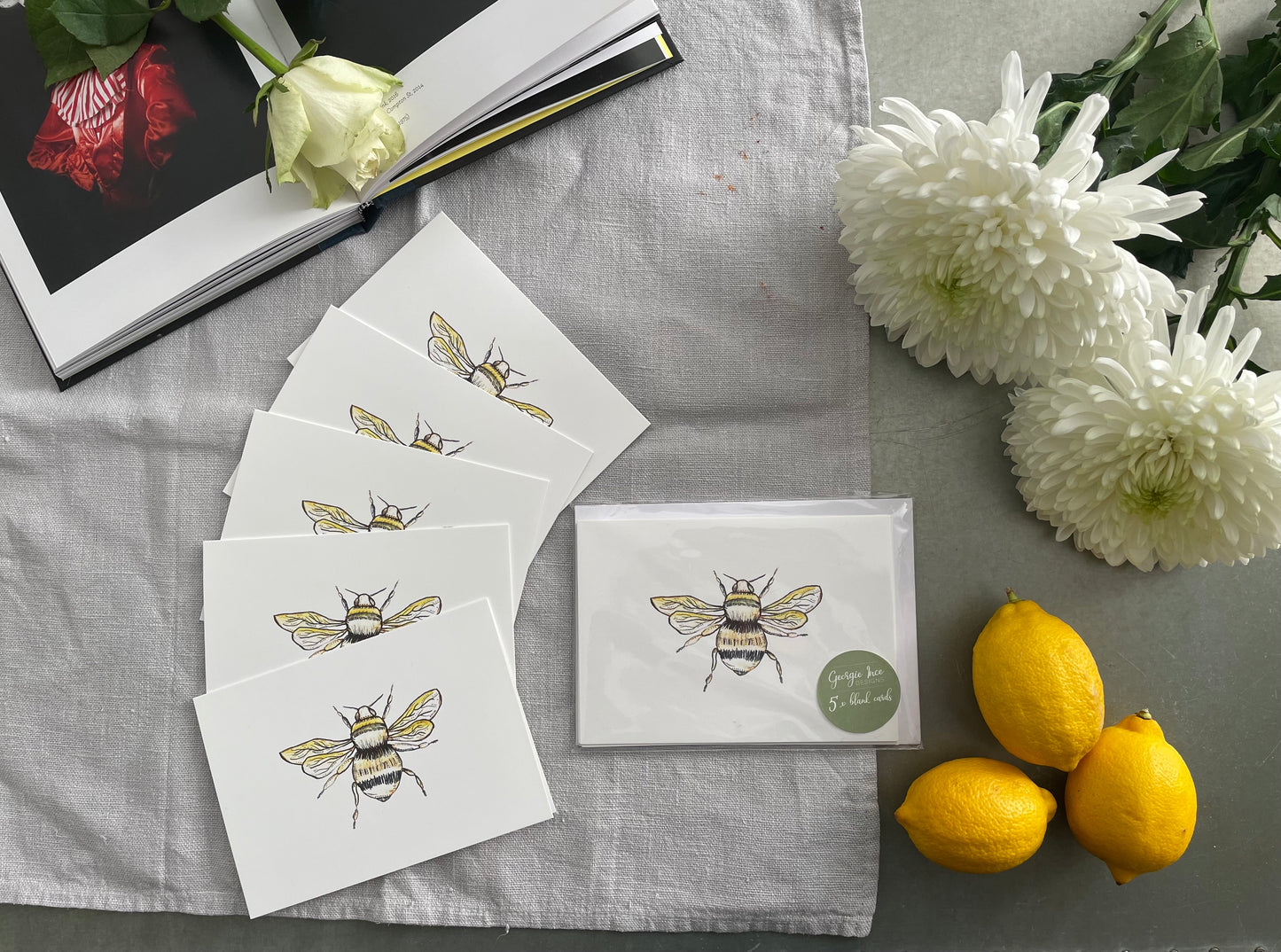 A lovely collection of 5 x A6 blank bee cards for your own personal message. All cards are the same design and professionally printed in the UK.