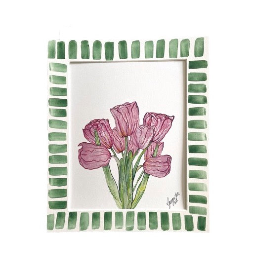 Bunch of tulips print with hand-painted green mount