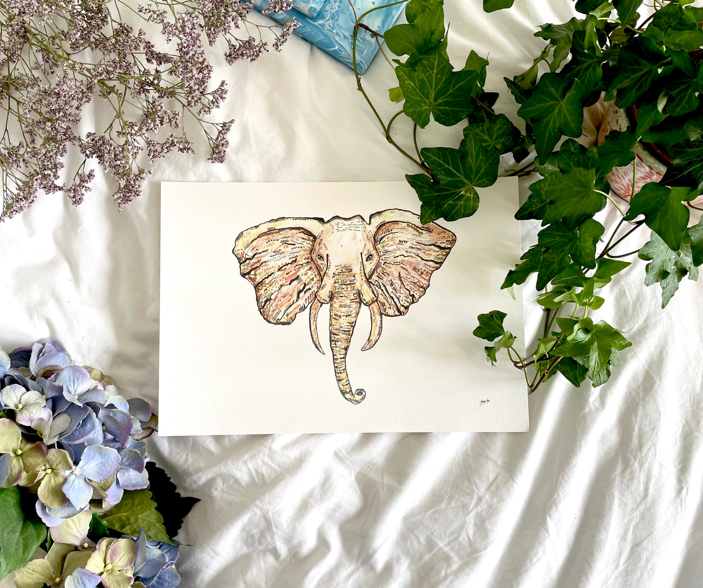 A mixed media A4 elephant print on 250gsm paper. The elephant print is perfect for a nursery. hallways or living rooms and is bold enough to stand alone.