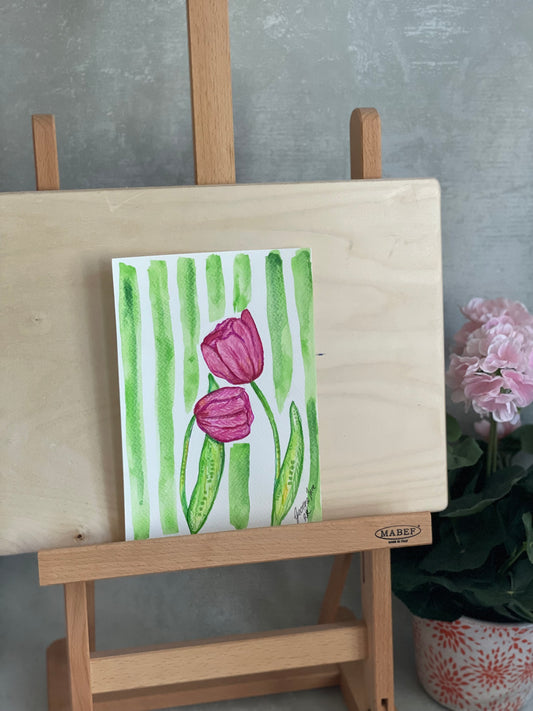 Hand-painted pink watercolour tulips with green stripe background. 