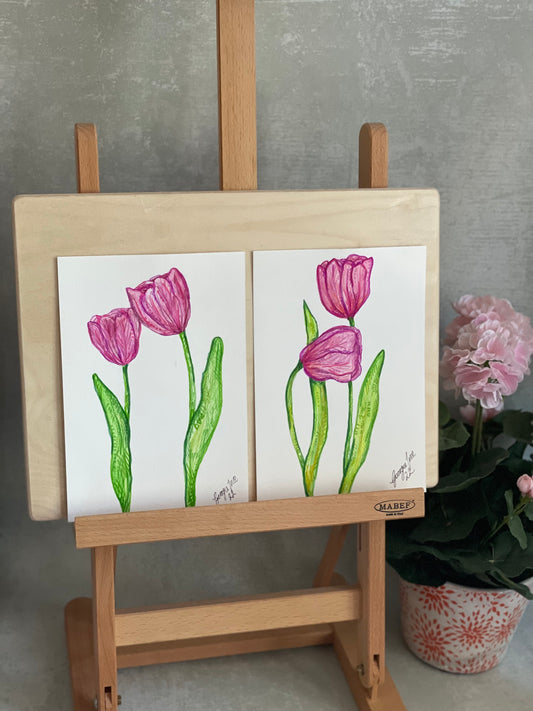 A pair of hand-painted pink watercolour tulips. 