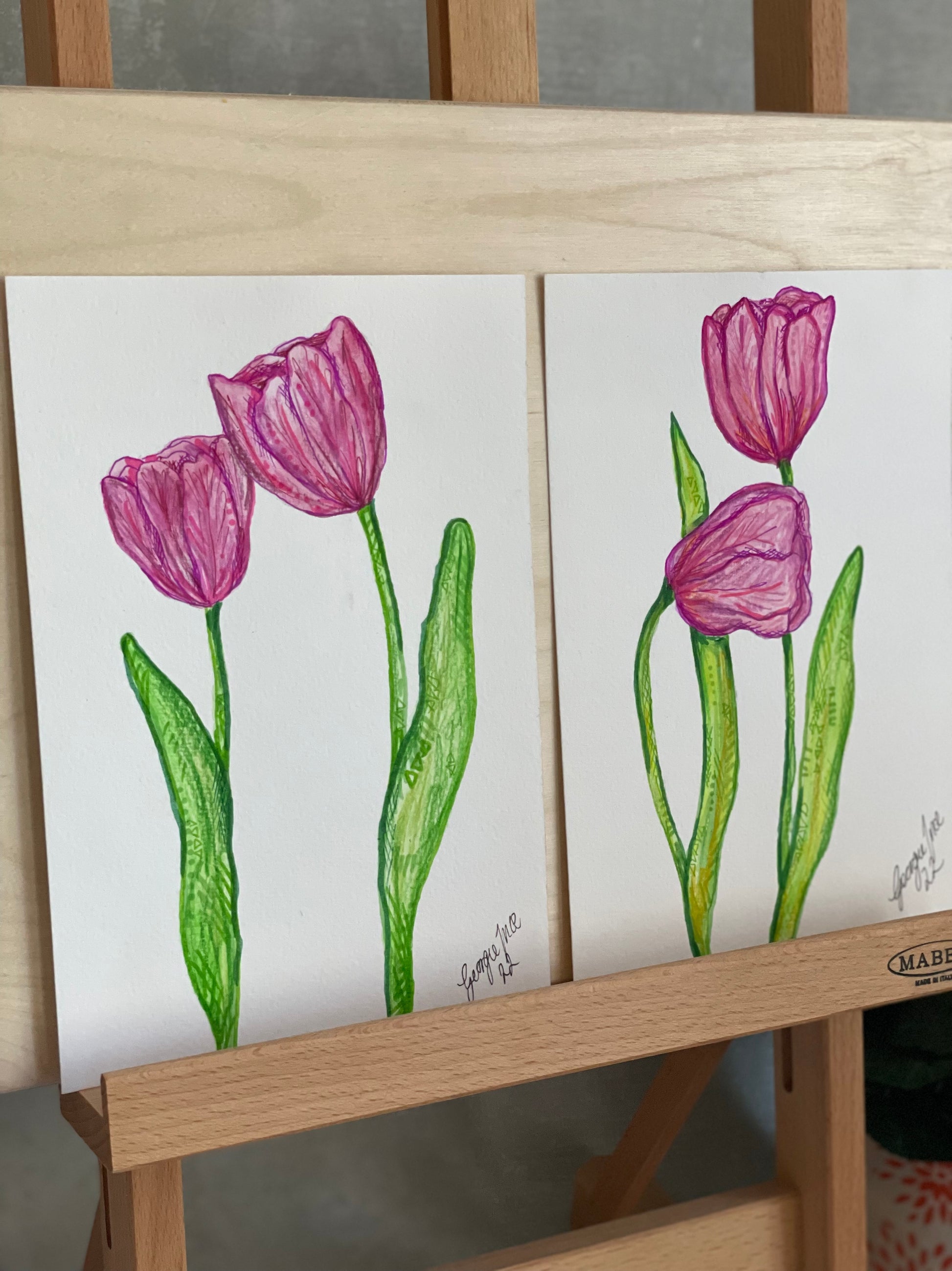 A pair of hand-painted pink watercolour tulips. A5 size