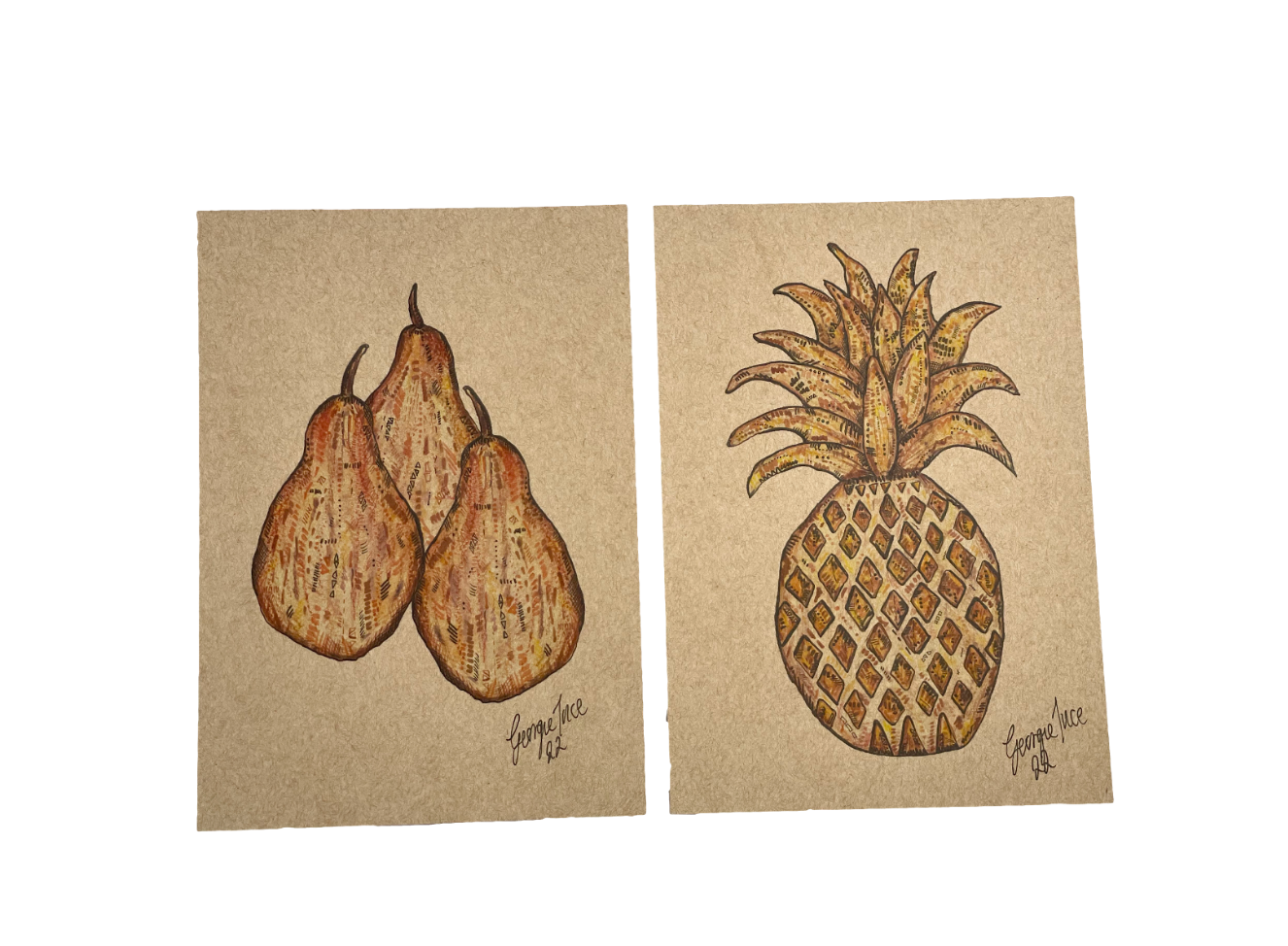 Two A5 pear and pineapple prints on thick brown card. 