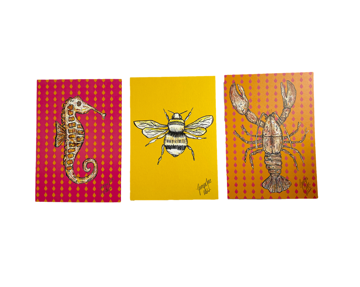 Set of three prints | Seahorse, Bee and Lobster A5 prints