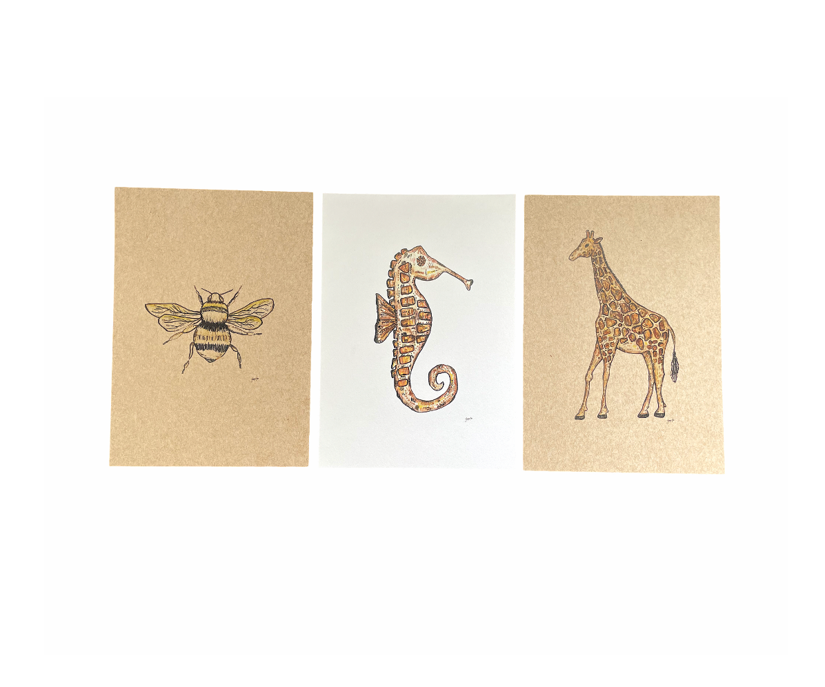 Set of three neutral prints in a giraffe, bee & seahorse illustrations