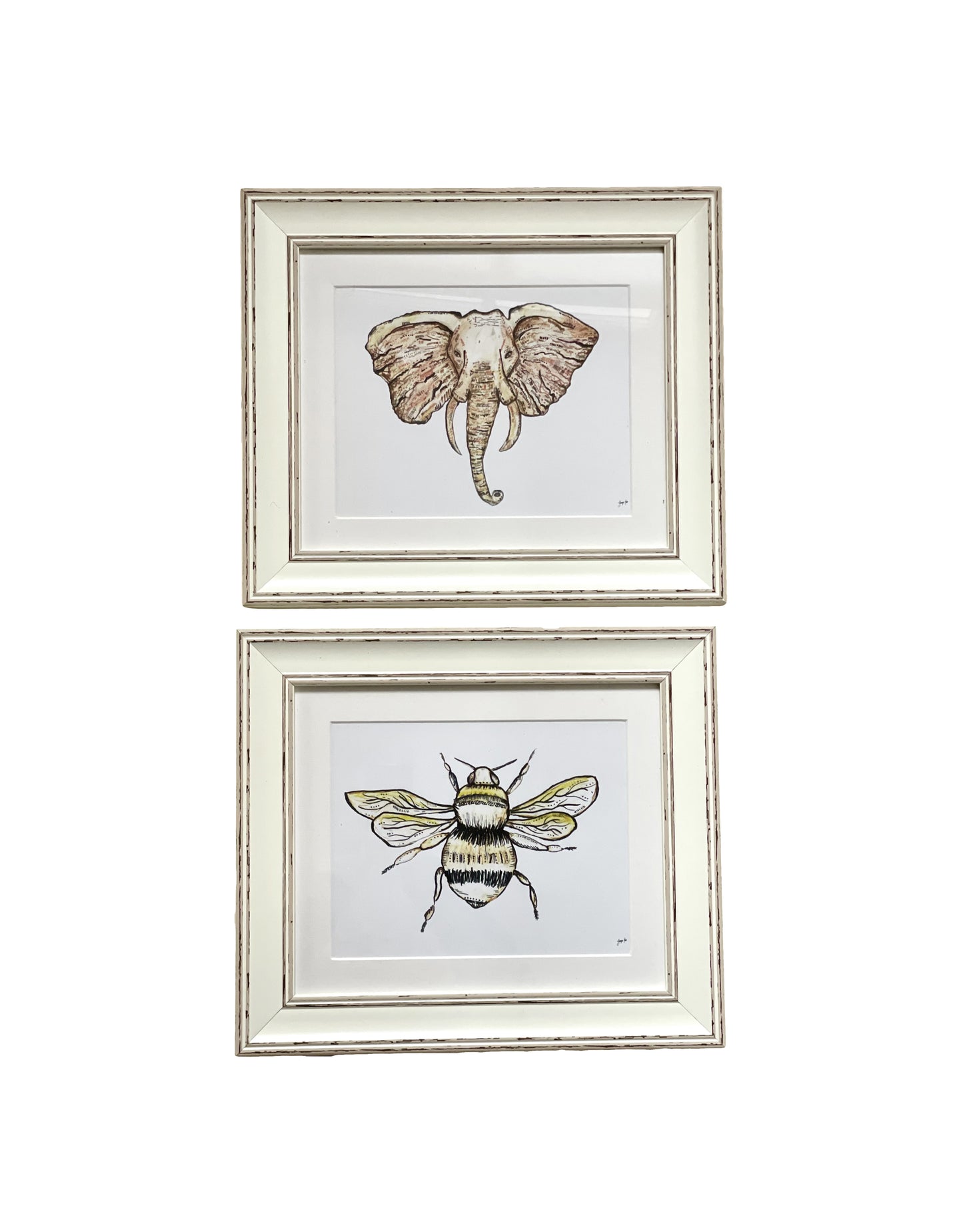 A neutral framed bee and elephant print pair. 