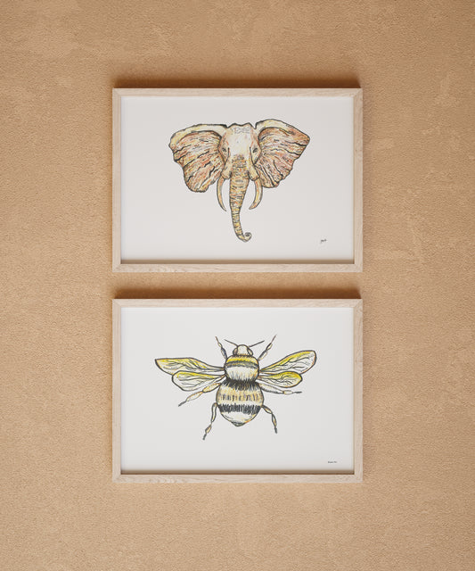 Elephant and Bee Art Print Set