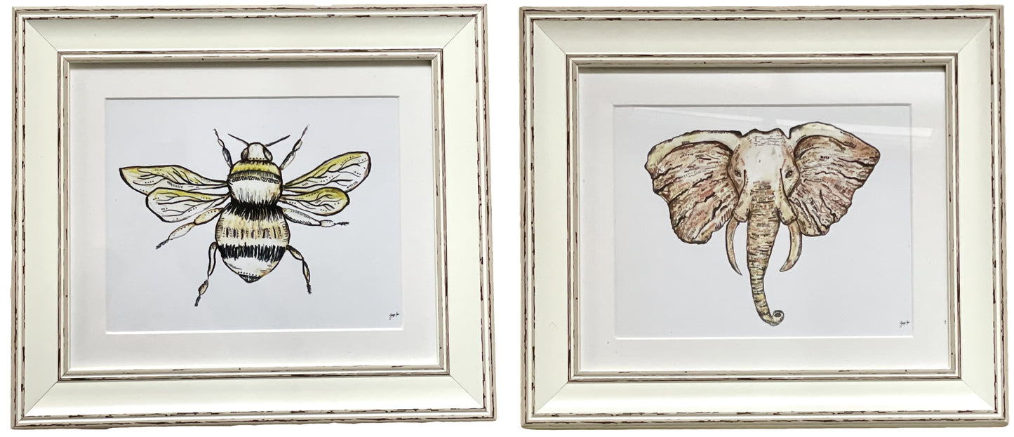 A neutral framed bee and elephant print pair. 