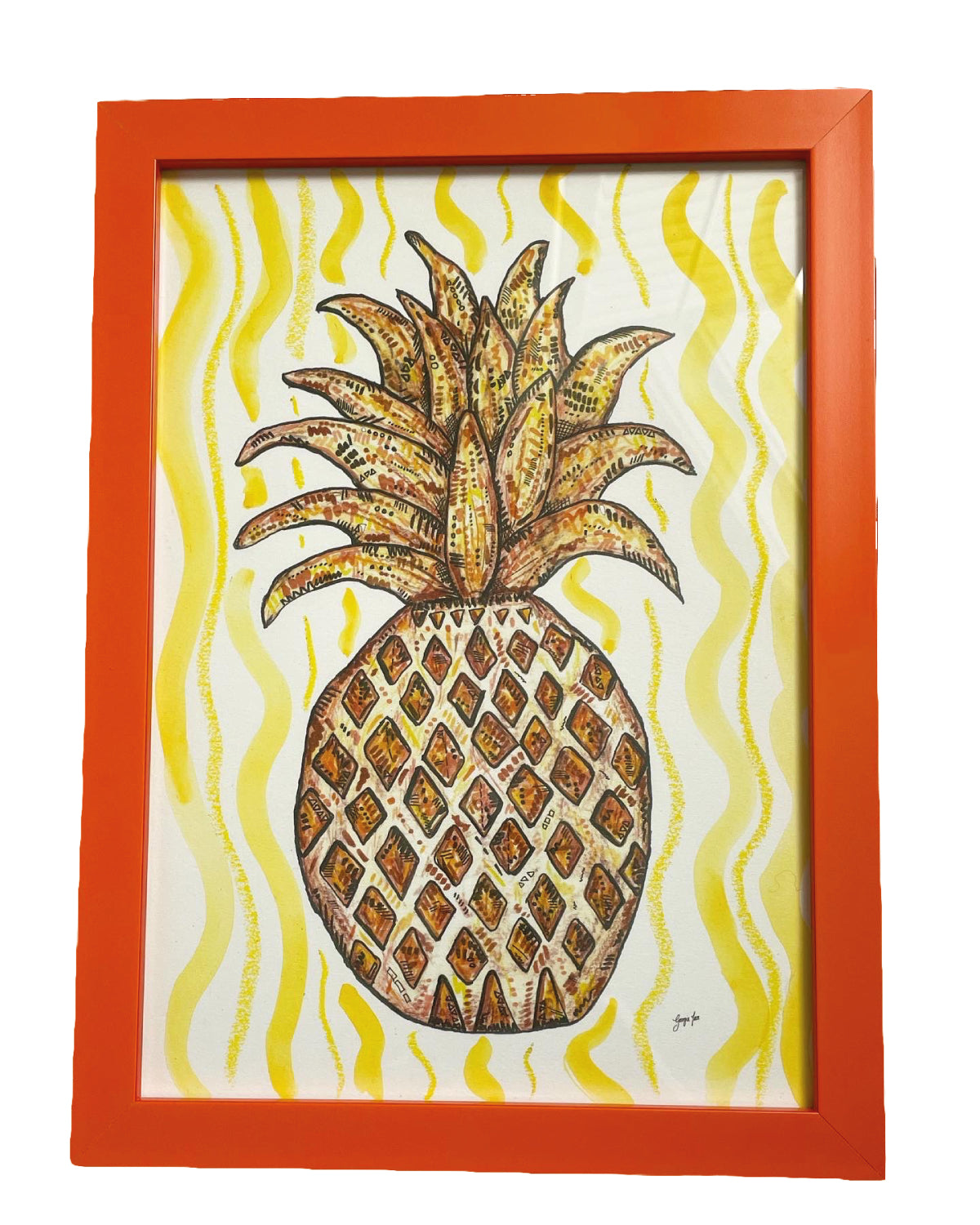 A framed pineapple print (A4) with yellow hand painted watercolour and oil pastel background. 