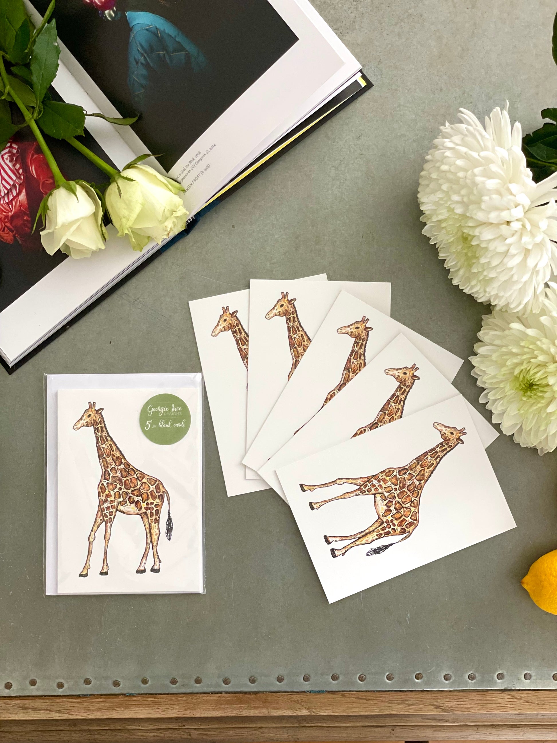 A collection of giraffe illustration blank cards for your own personal message.