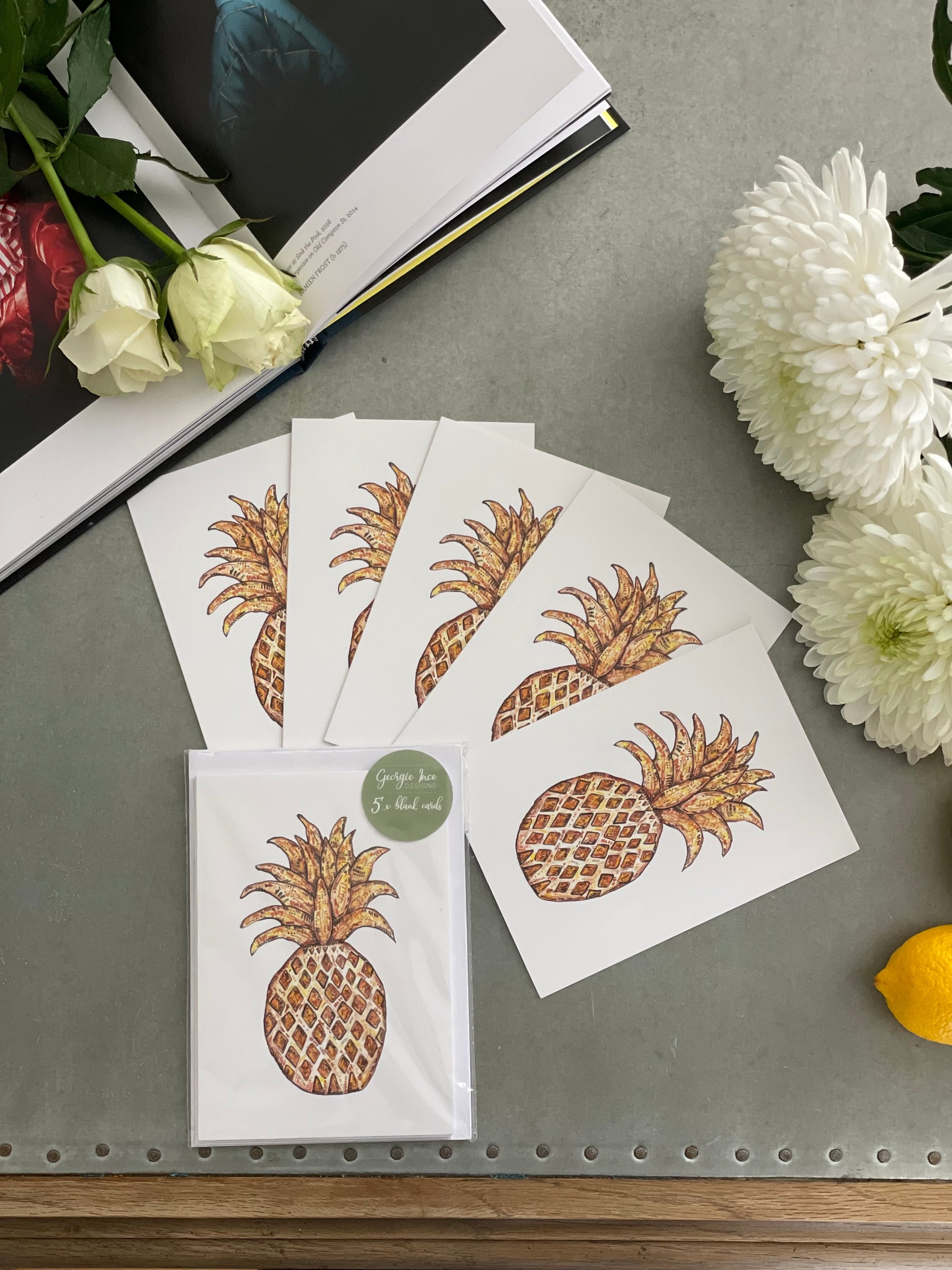 Pineapple Illustration greeting cards. A colourful collection of 5 blank cards, each one is black for your own personal message. All cards are the same design and come with white envelopes.