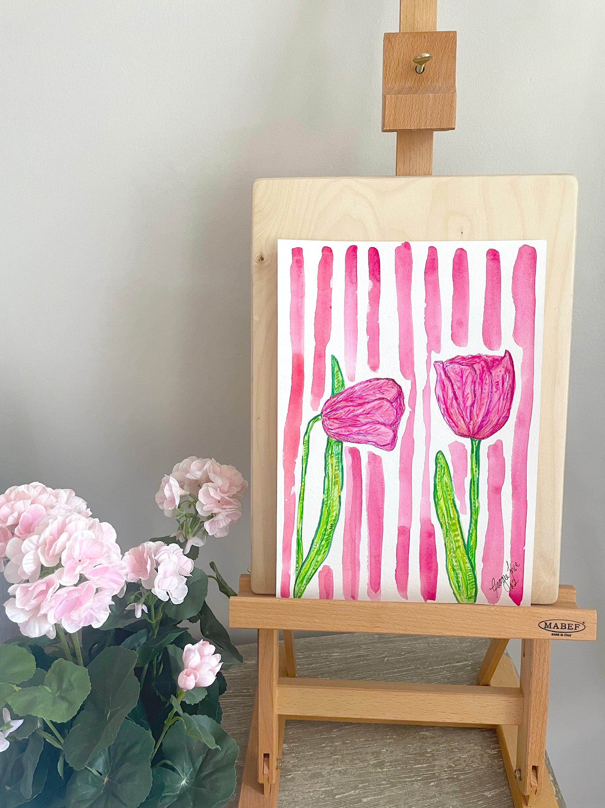 Original watercolour pink tulips with a pink stripe background. 