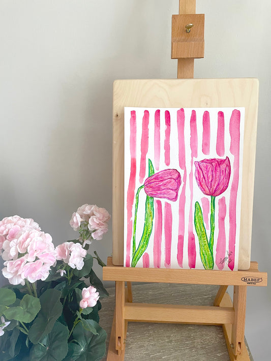 Original watercolour pink tulips with a pink stripe background. 