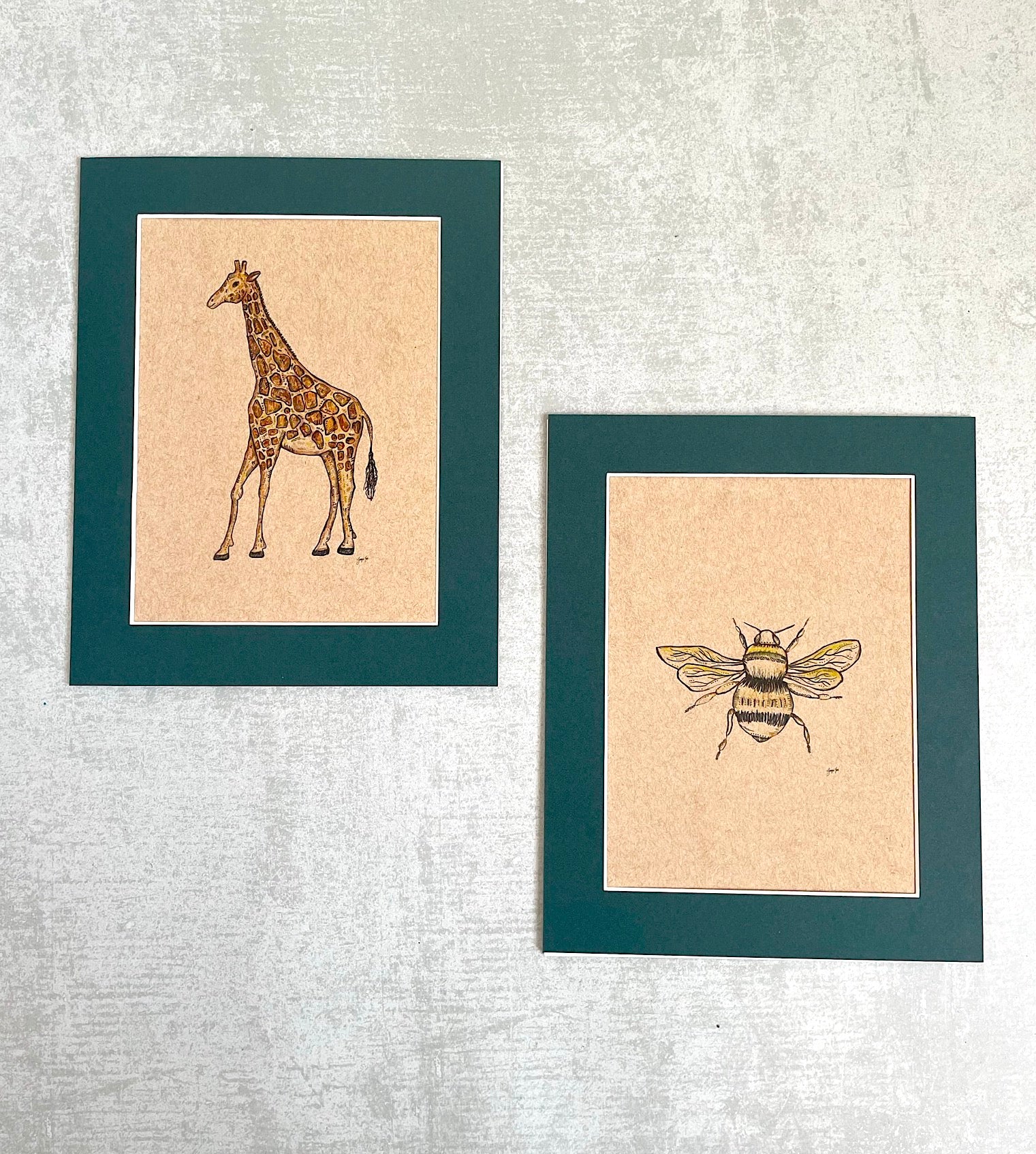 Giraffe and bee print on brown paper with dark green mount