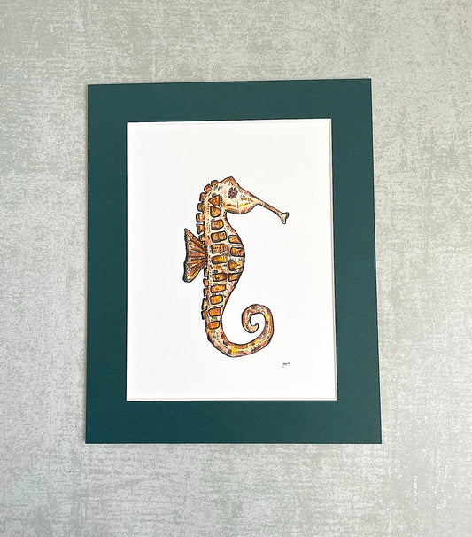 Seahorse Art Print with Dark Green Mount, Neutral Seahorse Art