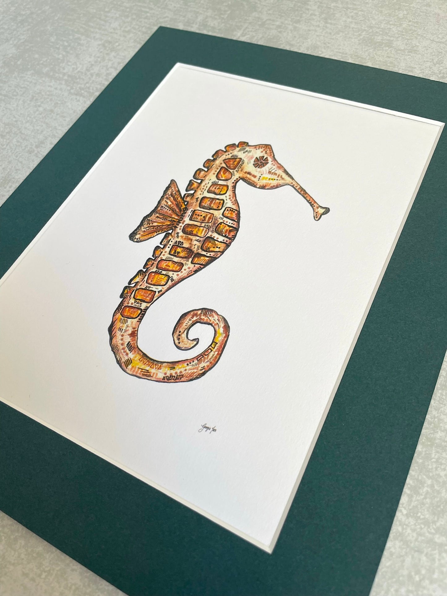 Seahorse Art Print with Dark Green Mount, Neutral Seahorse Art