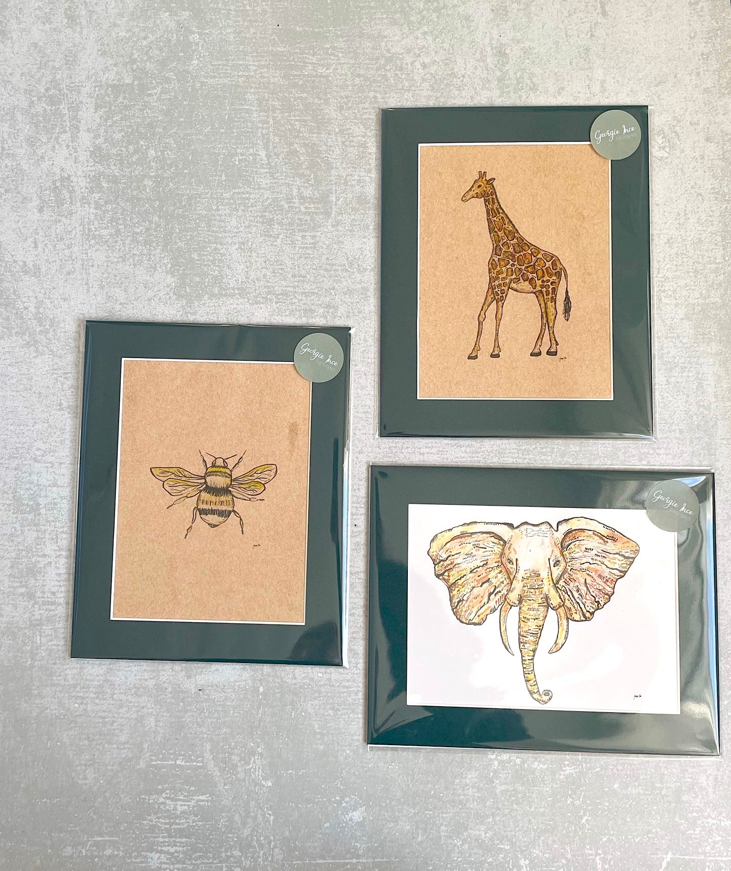 Elephant, Giraffe & Bee Art Prints Set