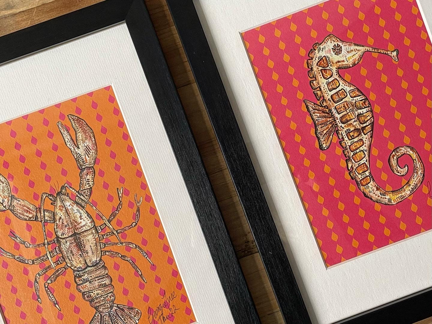 Framed orange lobster & pink seahorse print