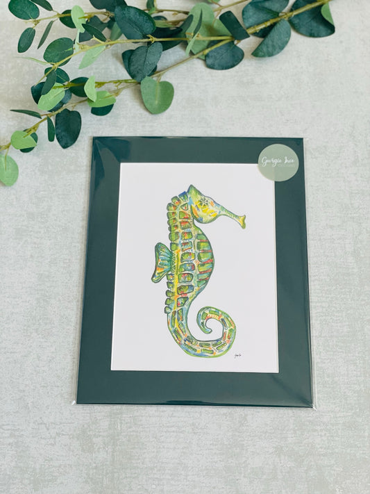 Green Seahorse Art Print with Green Mount