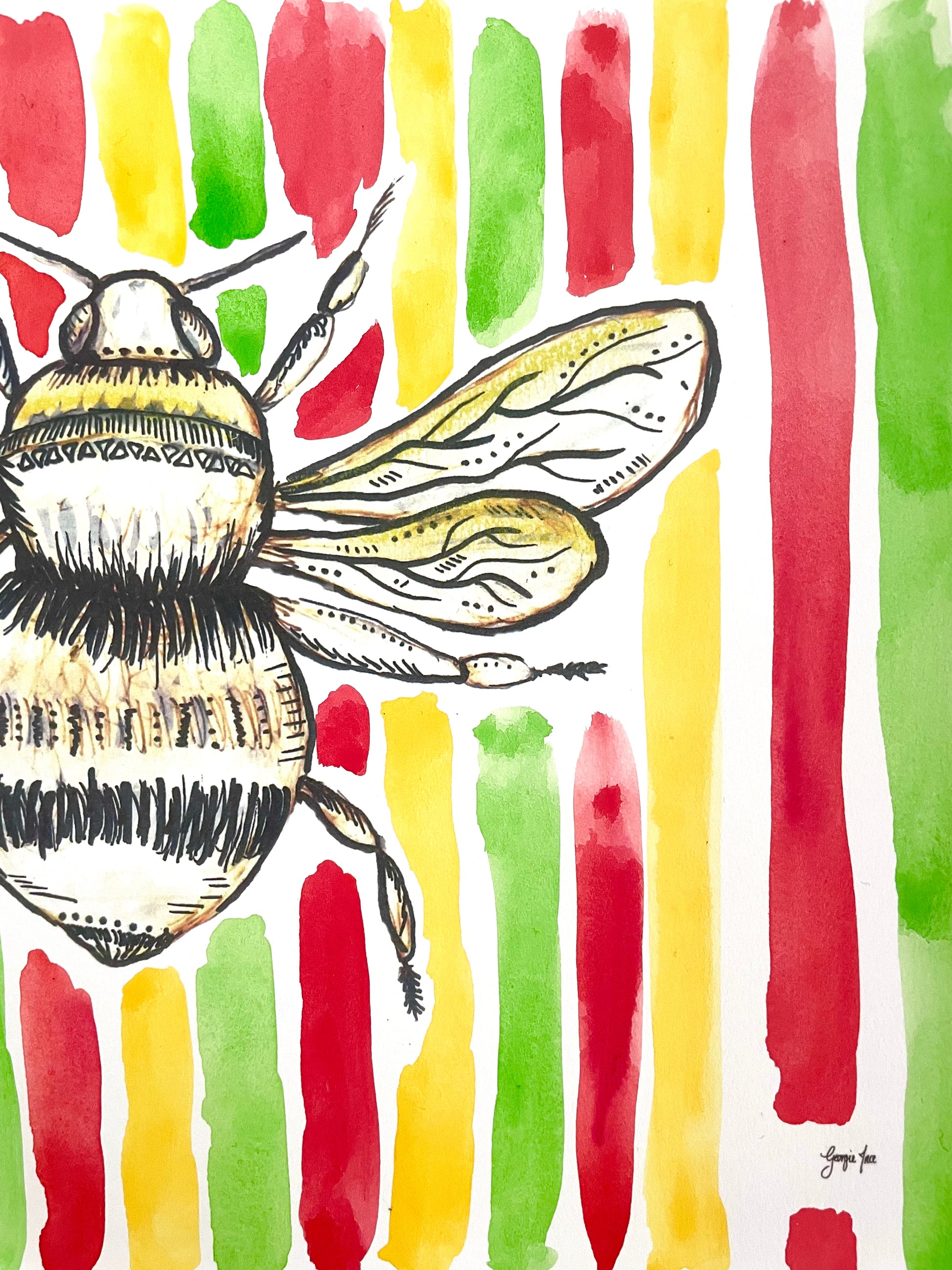 A bee print (A4) with yellow, red and black hand painted watercolour background.