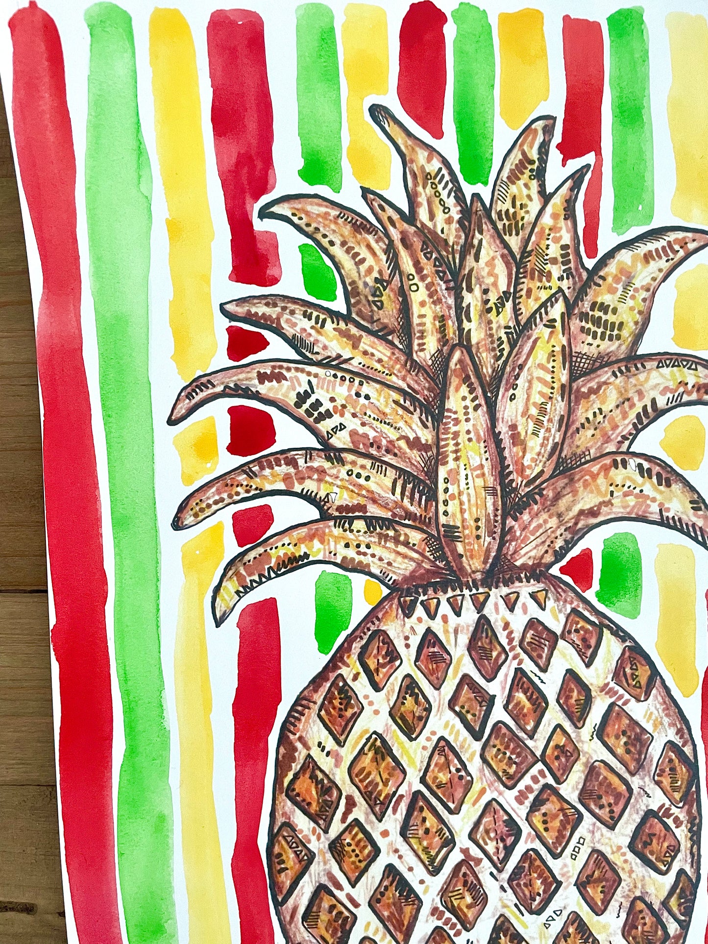 A pineapple print (A4) with yellow, red and black hand painted watercolour background. 