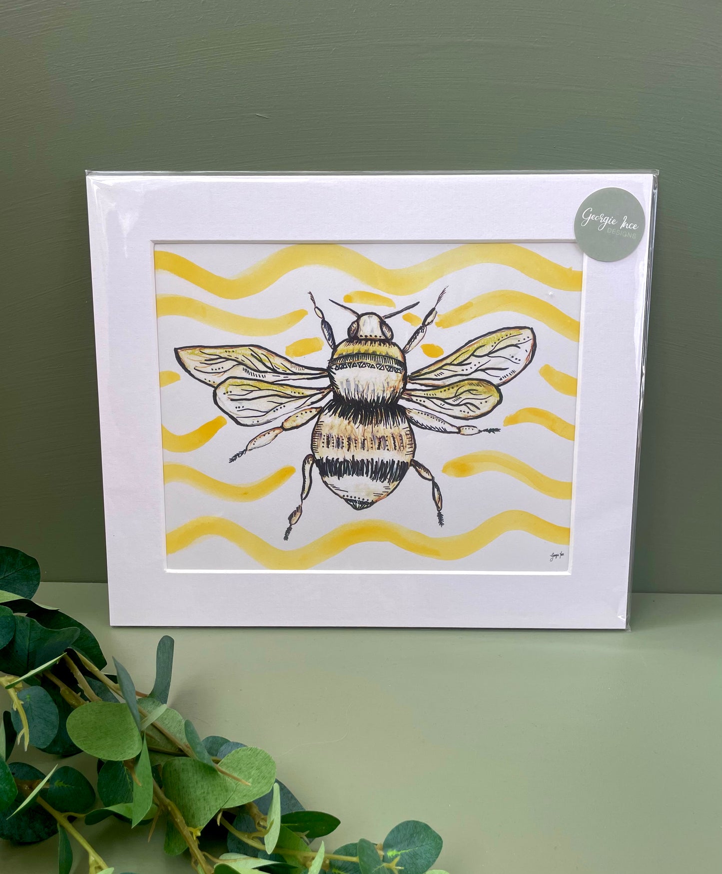 Bee Art Print with Hand Painted Yellow Background