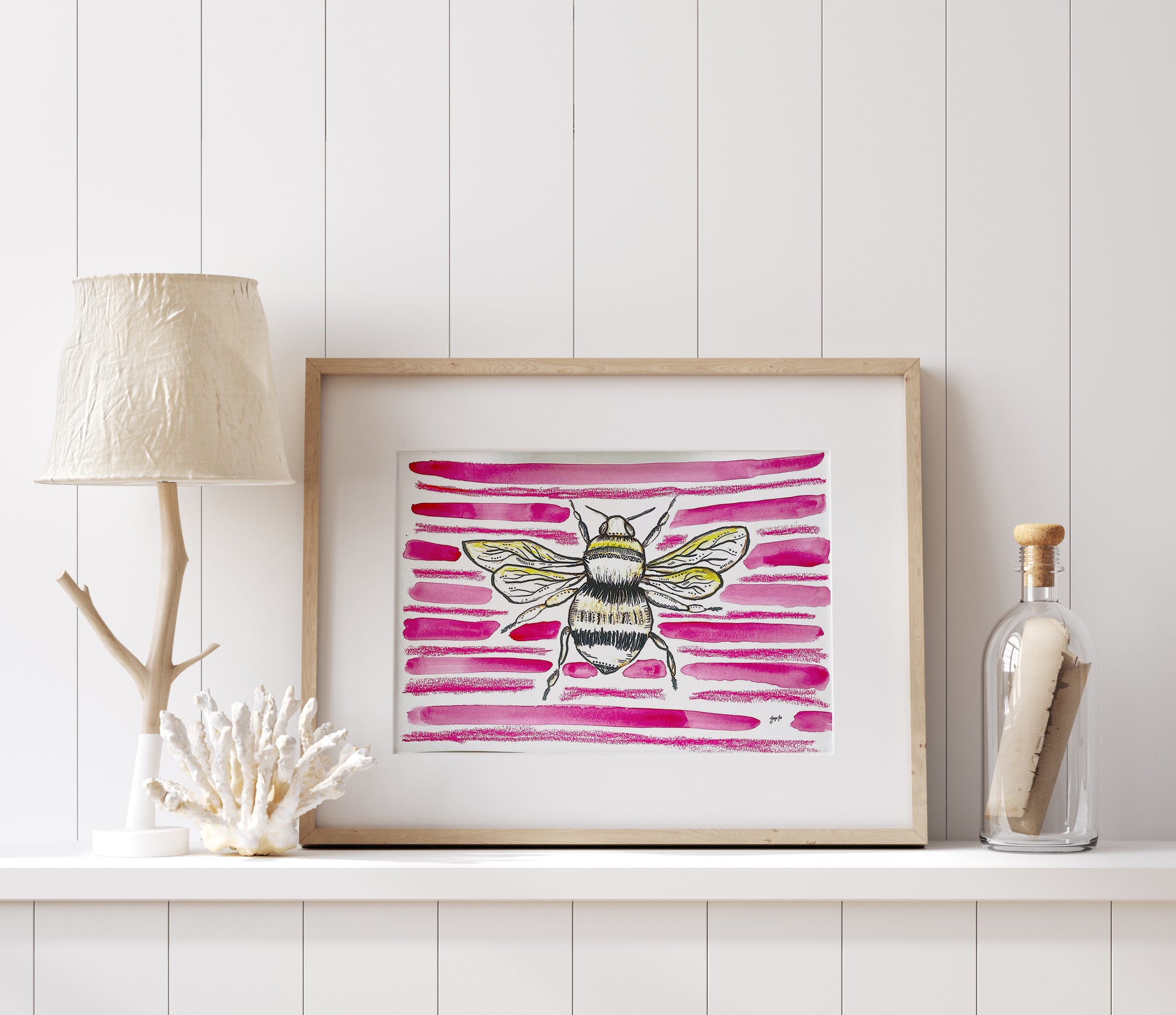 Bumble Bee Art, Pink Bee Fine Art Print, Bee Drawing